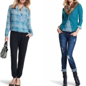 CAbi #3068 Windowpane Teal & Cream Wrap Blouse